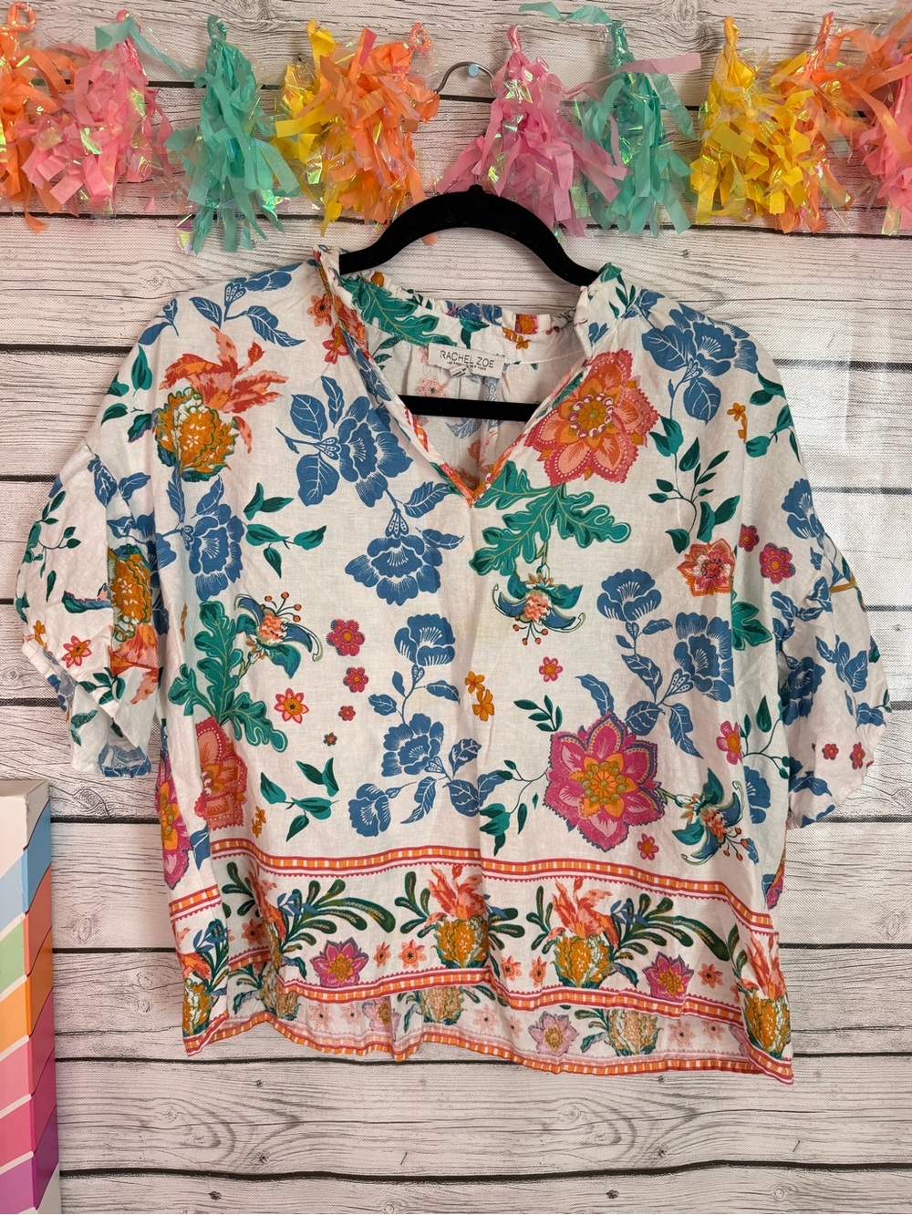 Rachel Zoe White Floral V-Neck Peasant Blouse with Multicolor Print